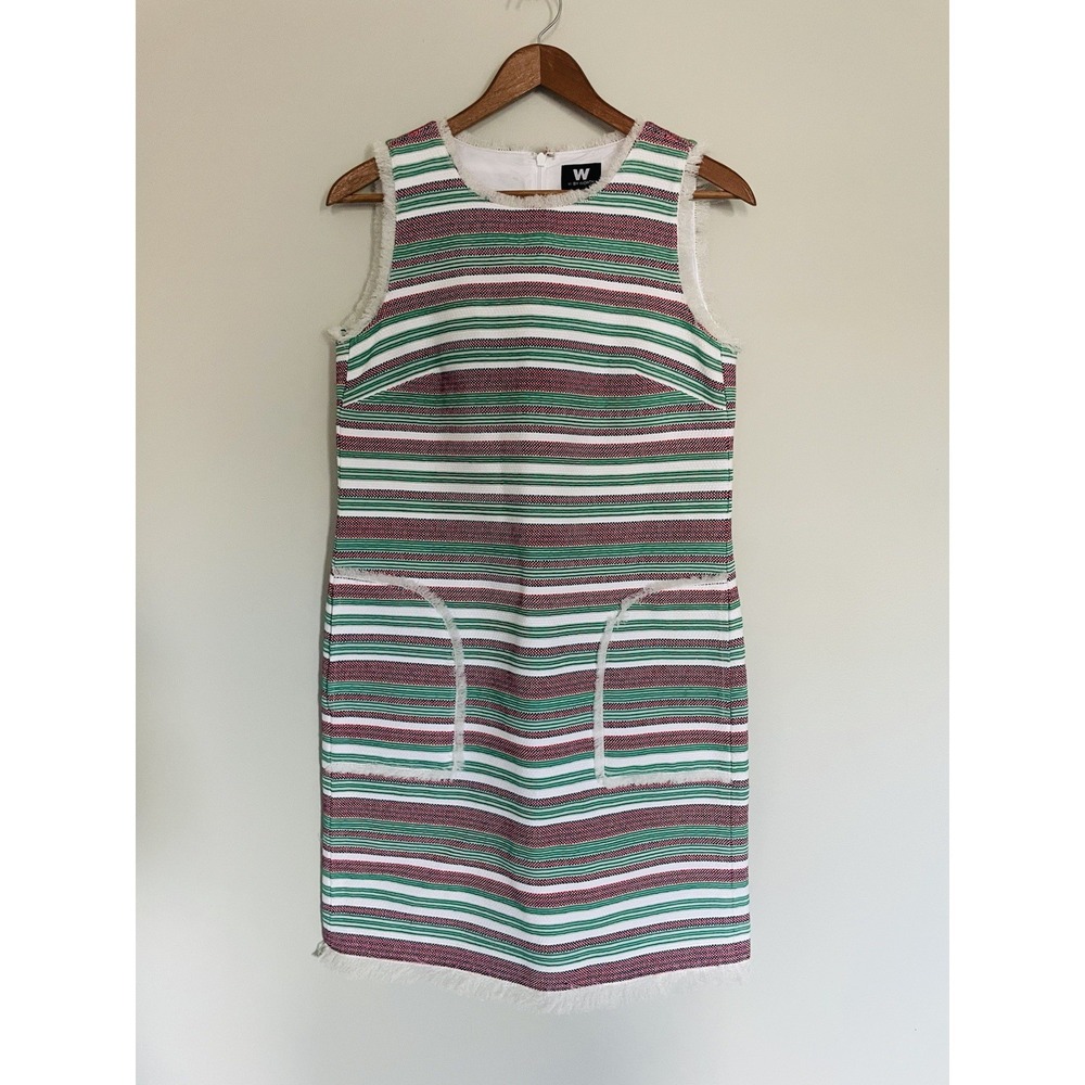 W By Worth Red, Green, White, Navy Fringe  Sheath Dress. Size 2. Holiday. Luxury